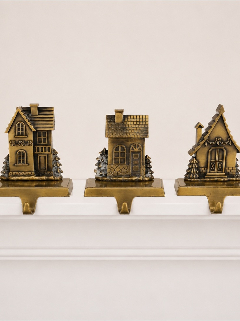 Vintage 1990’s Brass Christmas Village Stocking Holders Set/3 House Mantel Hooks